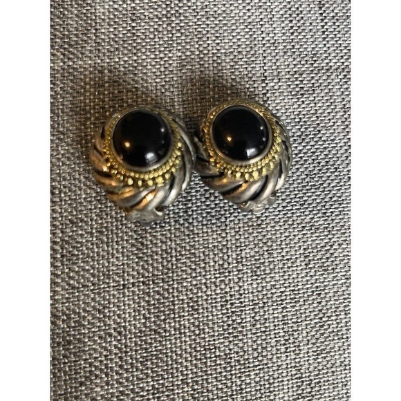 Vintage Womens Gold Silver Tone Black Stone Clip on Retro Earrings Casual Dress - Picture 4 of 5